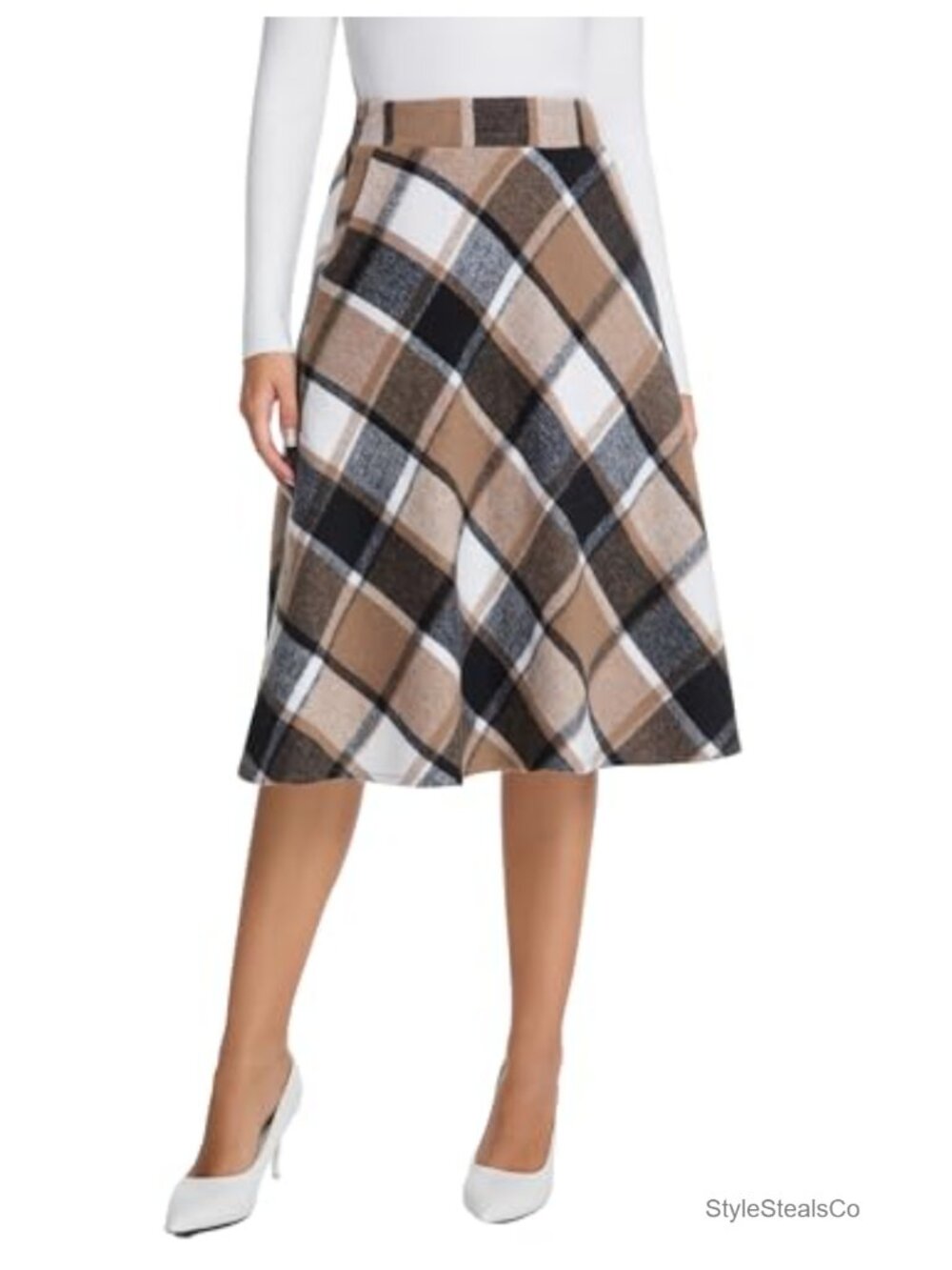 Womens High Waist A-Line Pleated Midi Plaid Skirt Wool Blend - Picture 5 of 6